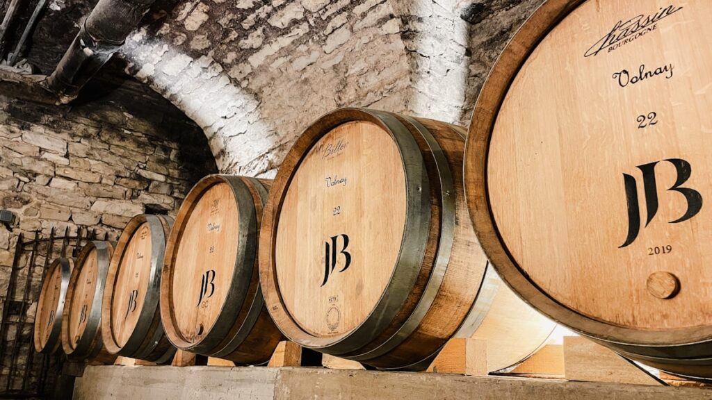 Oak wine barrels lined up in a stone cellar