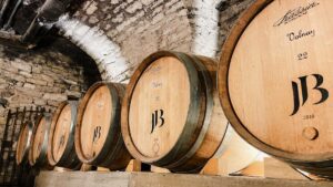 Oak wine barrels lined up in a stone cellar