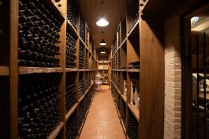 Different wines displayed on shelves in a wine cellar