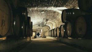A man standing in a tunnel between two rows of wine barrels representing winery operational alignment