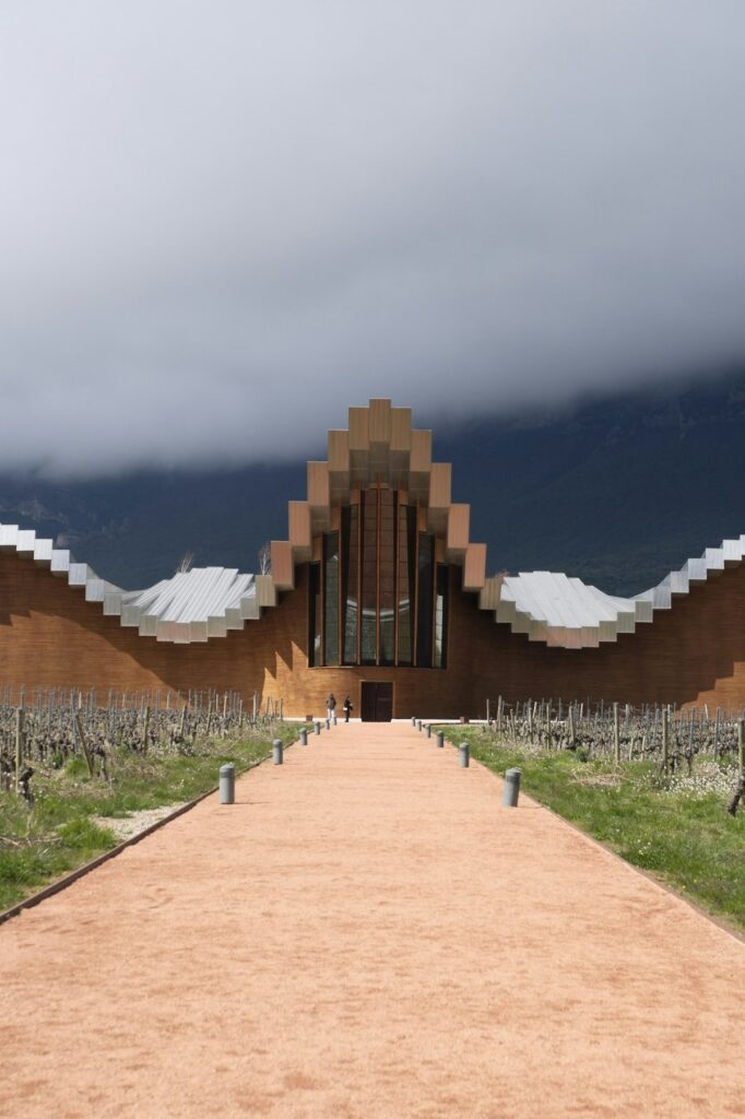 Modern winery surrounded by vineyard under dramatic sky