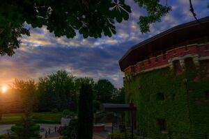 Historic ivy-covered building at sunset representing legacy winery heritage advantage and strategic brand evolution