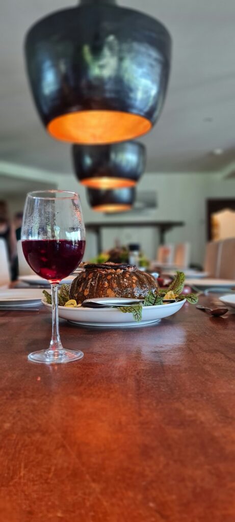 Glass of wine paired with elegant fine dining plate of food