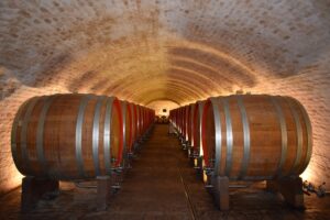 Modern wine cellar with rows of oak barrels in a heritage winery